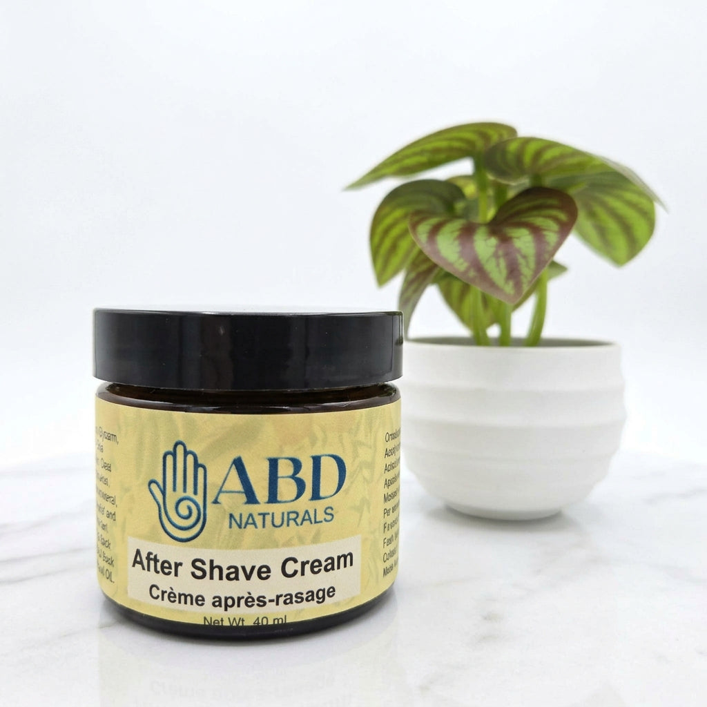 Natural after-shave cream by ABD Naturals, used for calming razor irritation for men and women