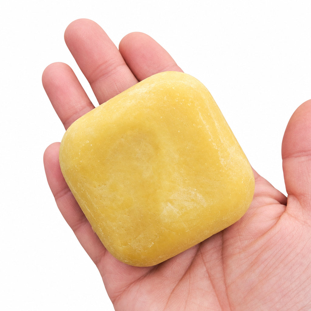 Natural conditioner bar, made in St. Albert for softening and detangling hair, plastic-free