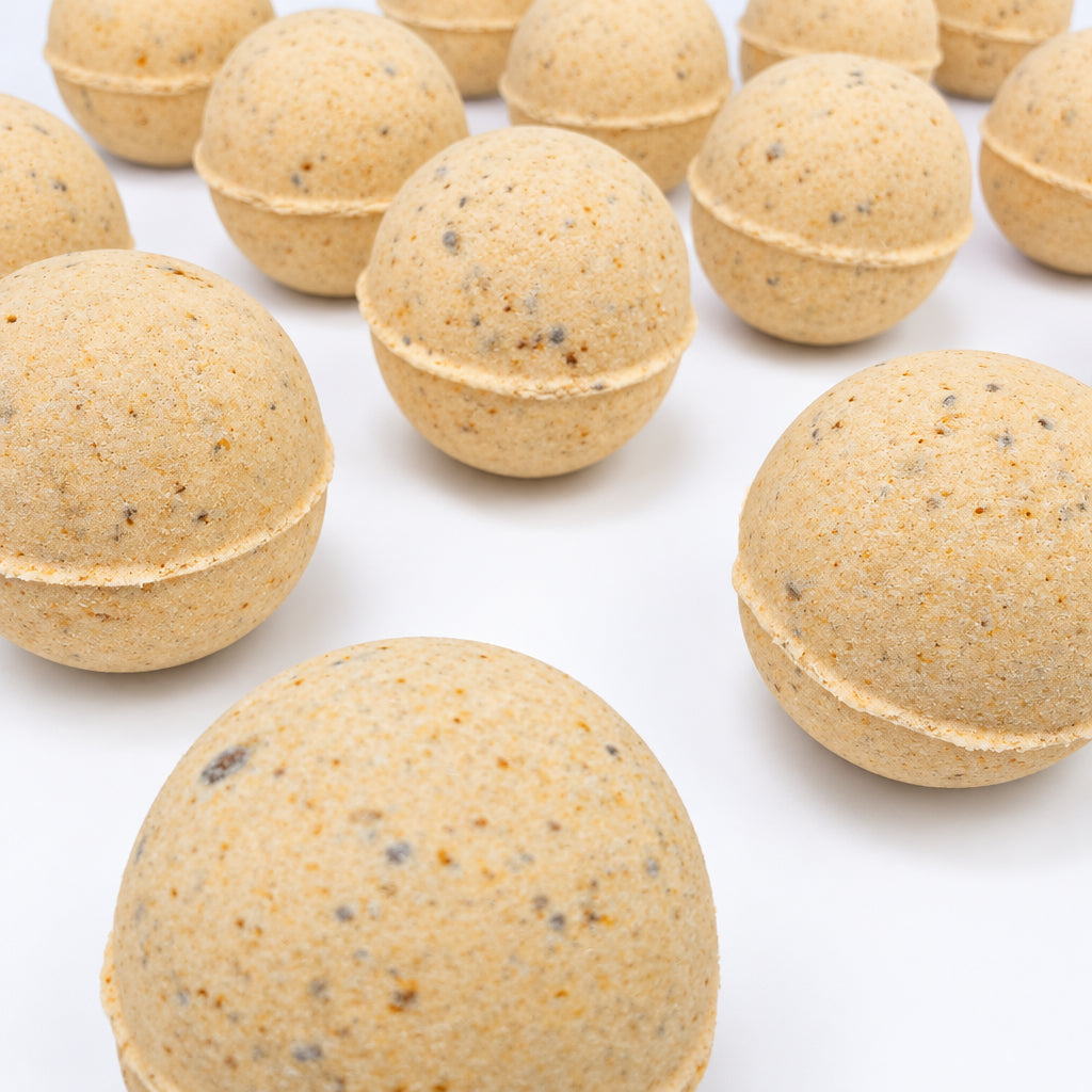 Orange vanilla natural bath bomb for a warm, comforting bath, gentle on sensitive skin, handmade in Alberta