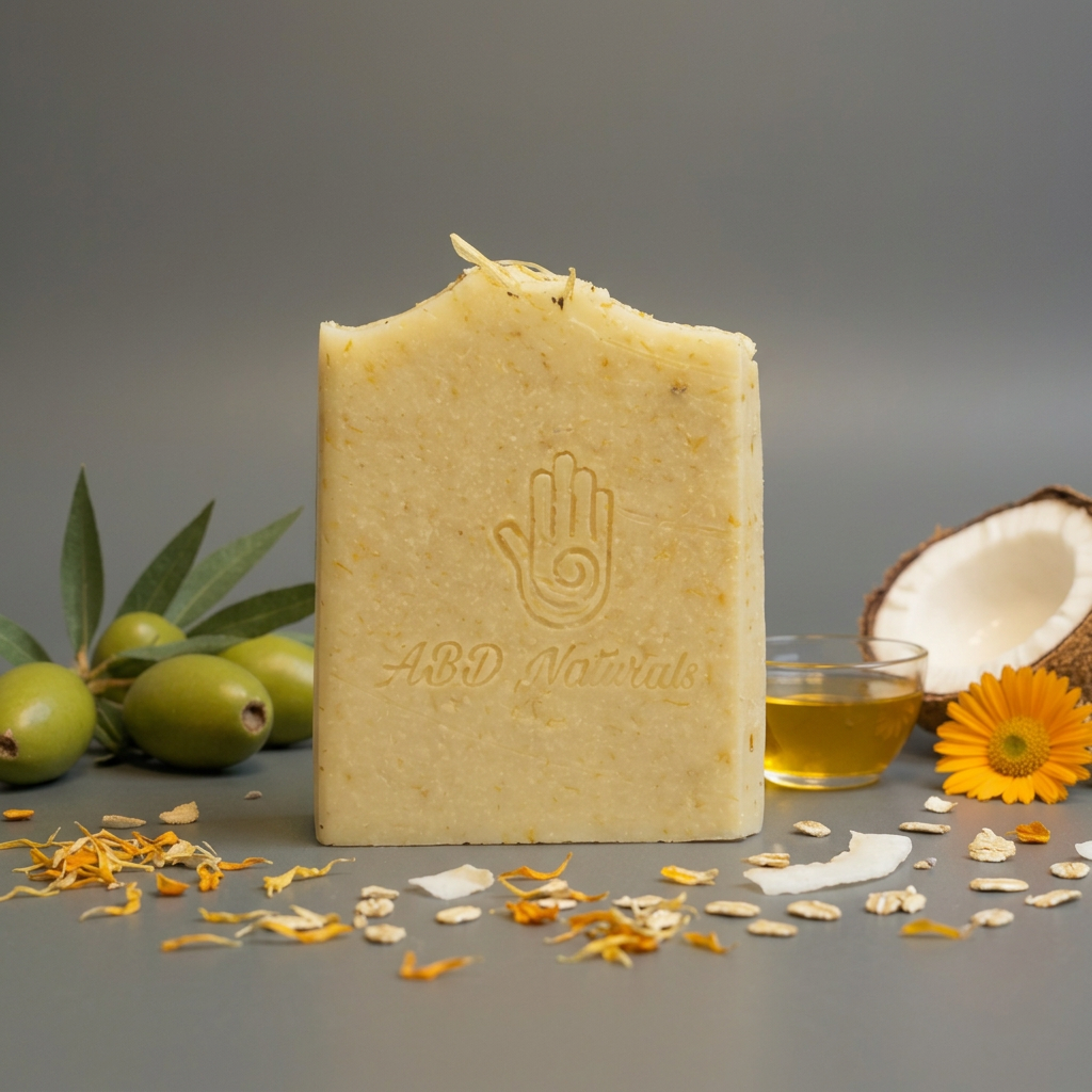 Unscented calendula soap, made in St. Albert for gentle cleansing of sensitive and baby skin