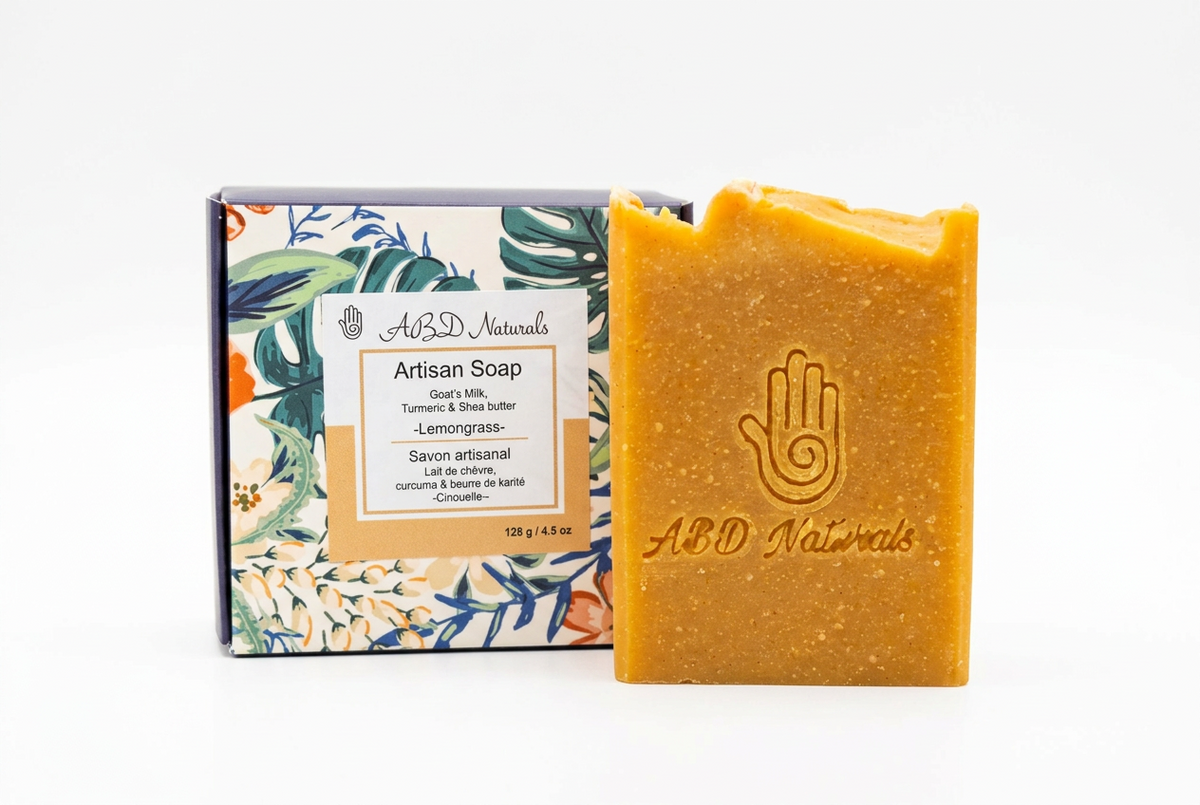 Goat milk turmeric soap for gently cleansing and moisturizing dry skin, handmade in Alberta