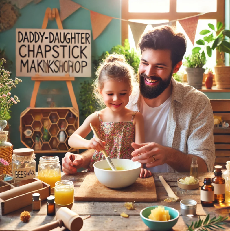 Father and young daughter at a table during a chapstick-making workshop, surrounded by natural ingredients like beeswax and essential oils. The father is smiling and assisting his daughter in mixing ingredients, with a 'Daddy-Daughter Chapstick Making Workshop' sign in the background, set in a bright and cozy room