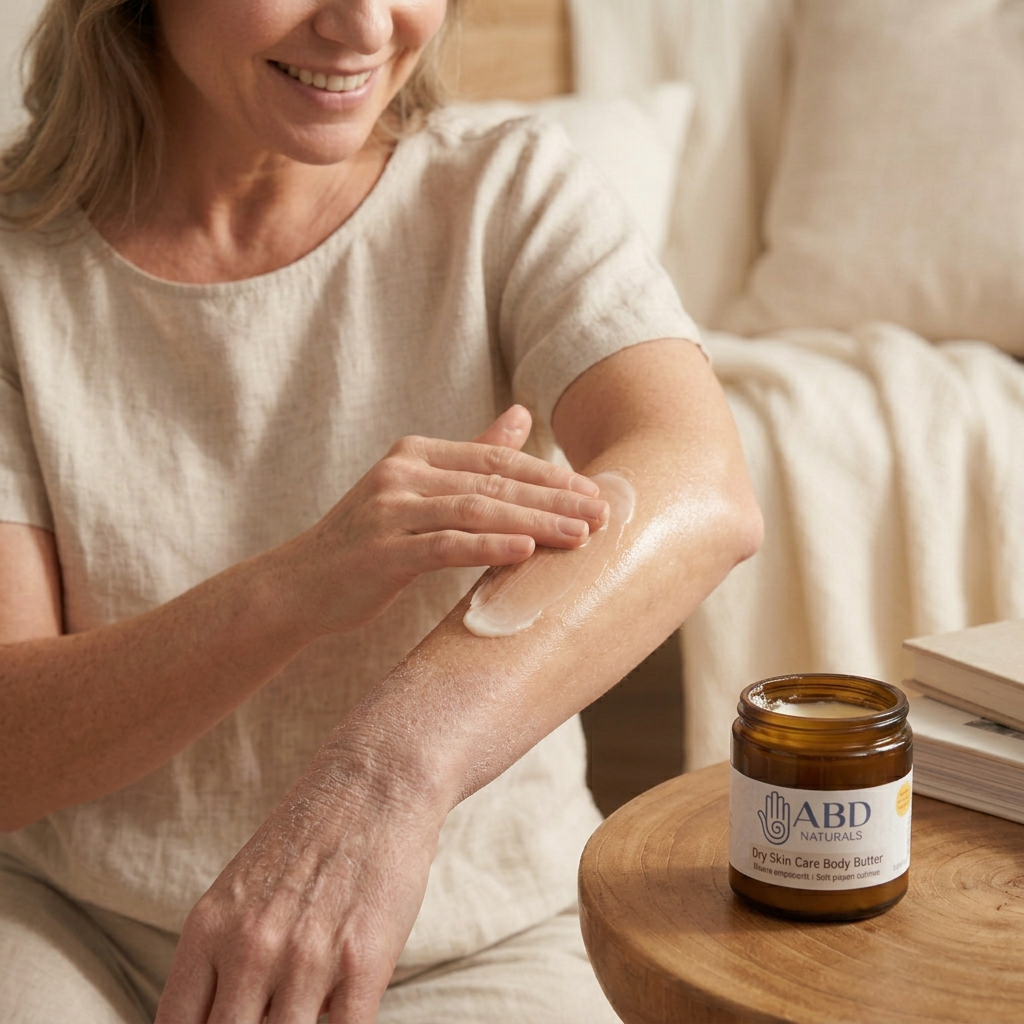 Dry skin body butter by ABD Naturals, used for deeply moisturizing very dry skin