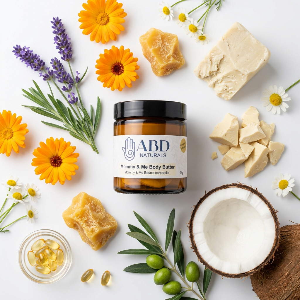 Mommy and Me natural body butter by ABD Naturals, used for soothing dry, sensitive skin on babies, kids and moms