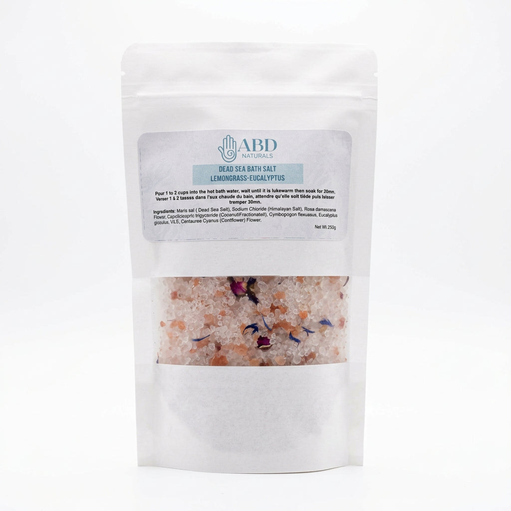 Dead Sea bath salt with lemongrass, eucalyptus, rose and cornflower petals by ABD Naturals